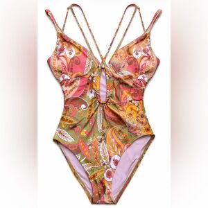 Gianni Bini One Piece Swimsuit Boho Paisley Floral Cutout Strappy Pink Orange L